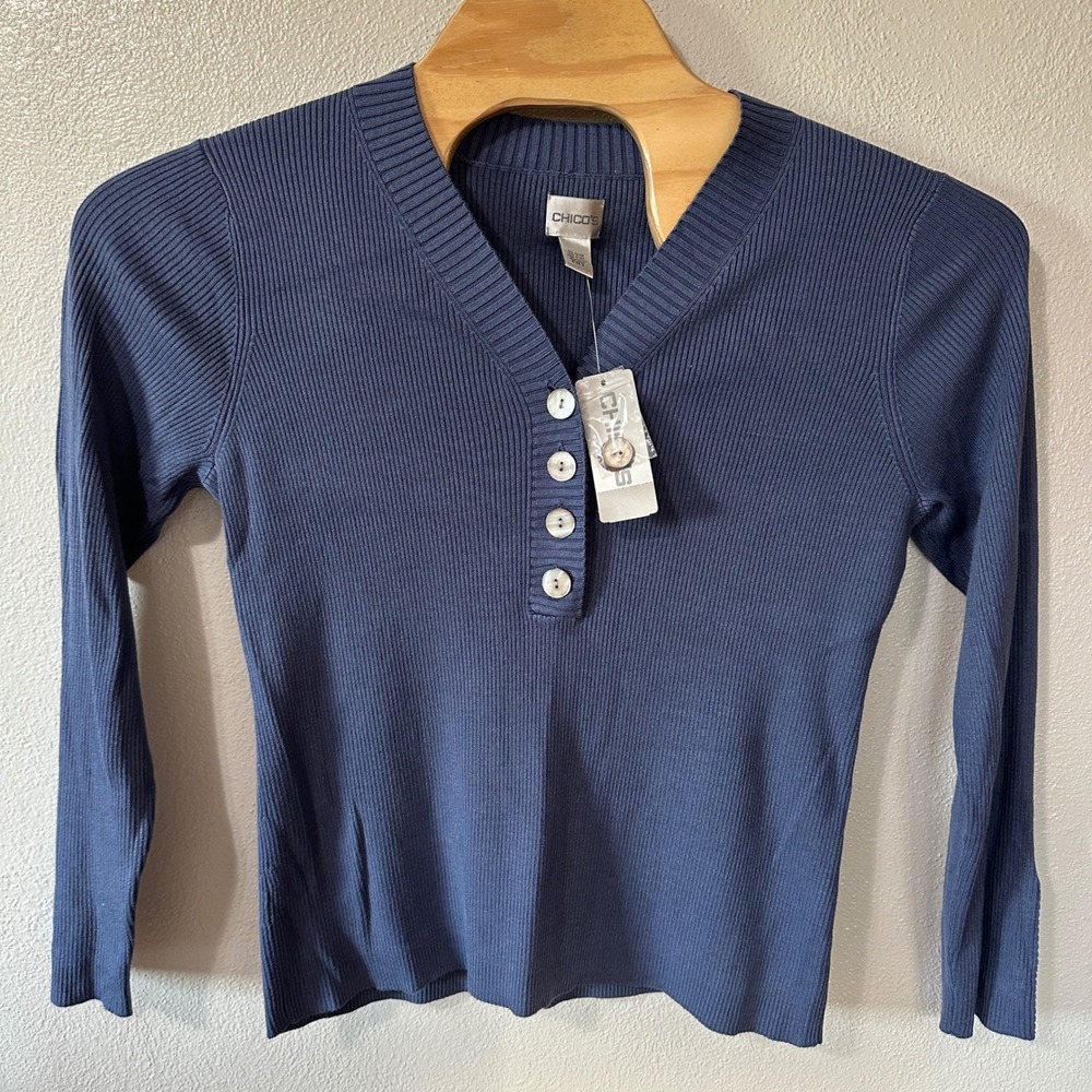 NEW Chico's Blue Button Top Ribbed Knit Long Sleeve V Neck Shirt Womens Sz 3/XL